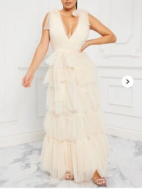 Fashion Nova Ivory Tiered Tulle Maxi Dress with Bow Shoulder Ties